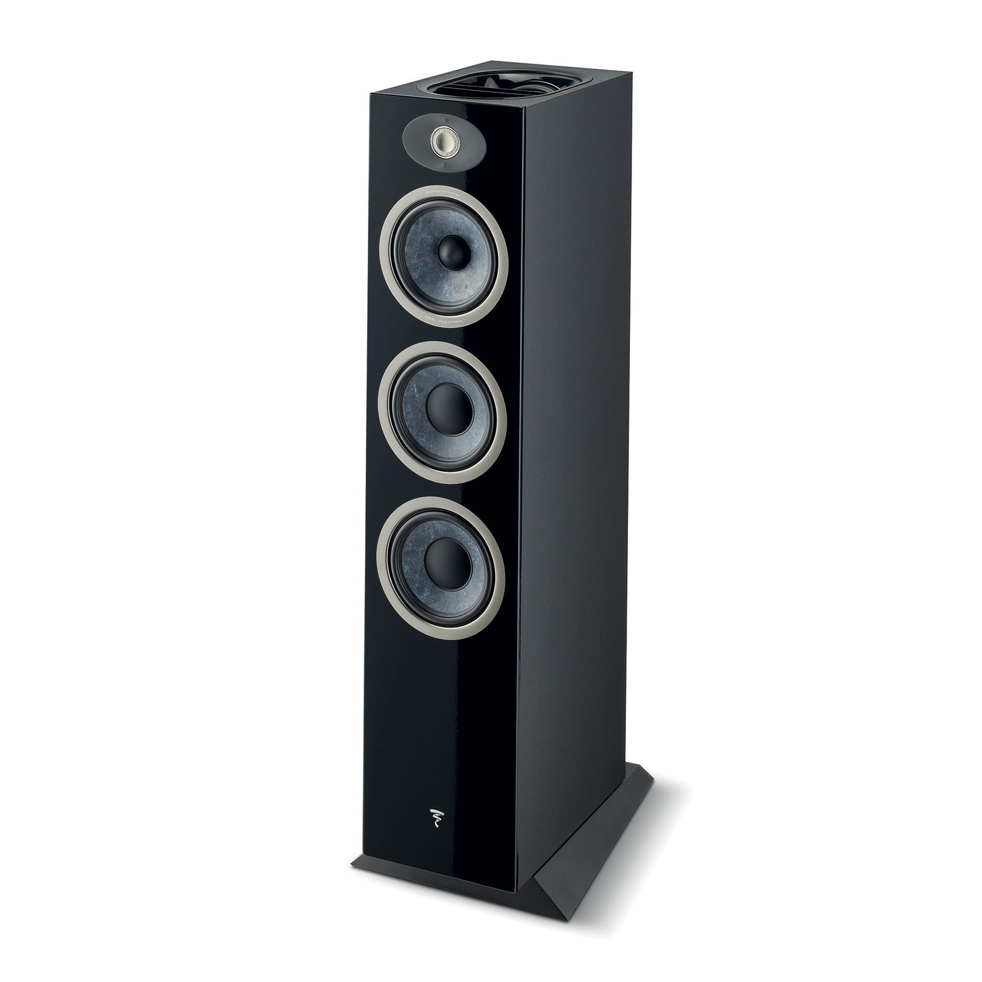 El Focal Theva N°3-D es un altavoz de suelo negro de 3 vías con tres transductores circulares, tweeter frontal y parte superior abierta para un sonido de cine en casa envolvente.