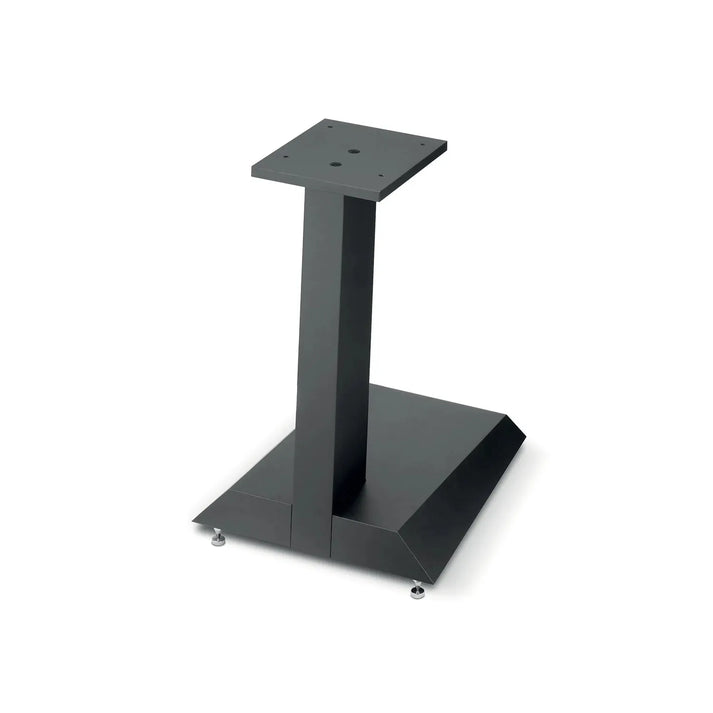 The Focal Theva Vestia Center Stativ is a black metal stand with a square top plate, tapered support, and a wide base with four adjustable feet.