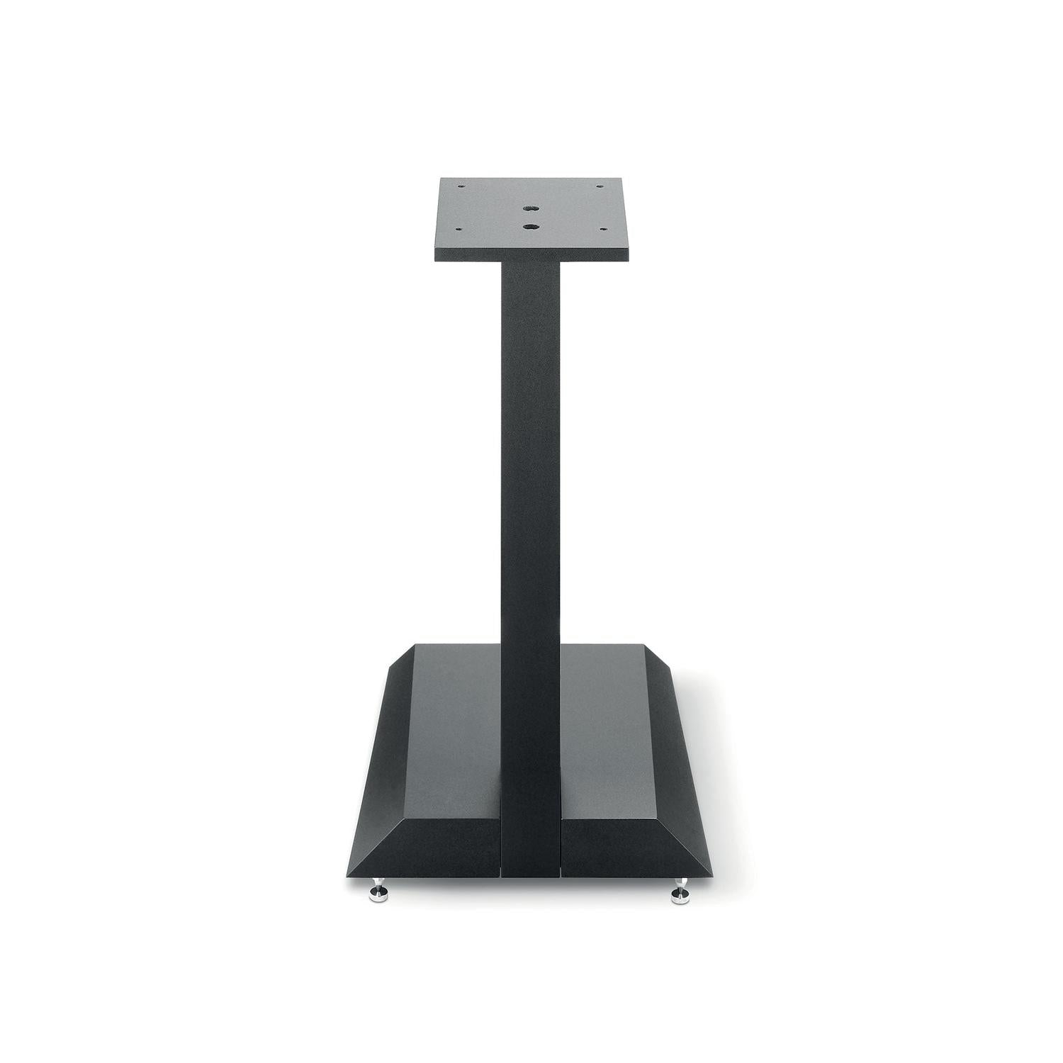 The Focal Theva Vestia N°1 Stativ is a black metal speaker stand with a rectangular top plate, single central support, and wide base with adjustable feet, shown on a white background.