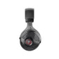 Les écouteurs supra-auriculaires noirs Focal Utopia 2022 sont dotés dune maille hexagonale et dun haut-parleur rouge et argent visible, présenté de côté sur fond blanc.