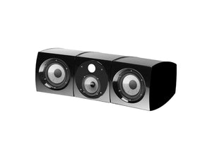 Altavoz central Focal Viva Center Utopia Colour Evo negro y rectangular con tres conos redondos y un puerto central, sobre fondo blanco.