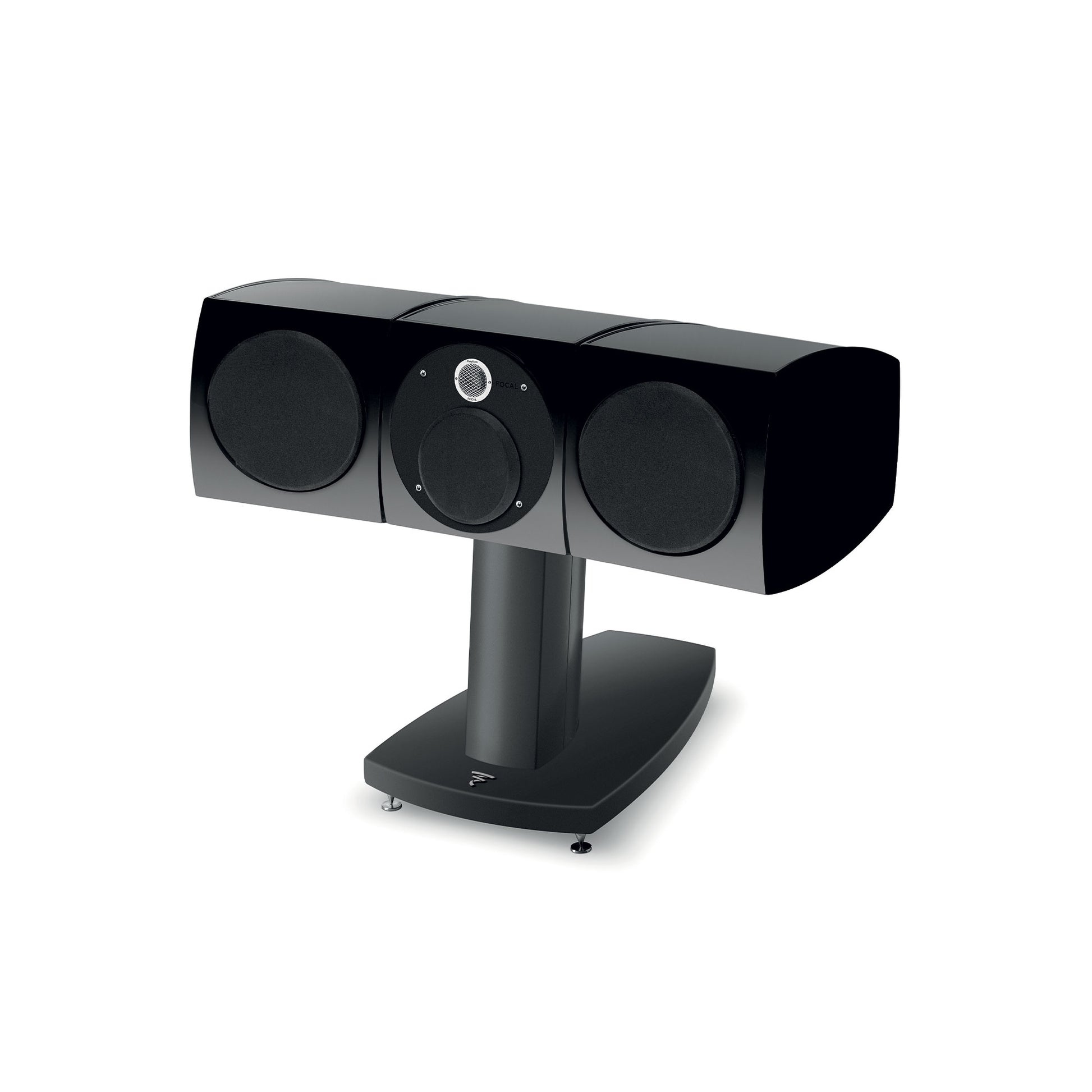 Un diffusore centrale Focal Viva Utopia Colour Evo nero con tre altoparlanti rotondi su un supporto coordinato, raffigurato su uno sfondo bianco.