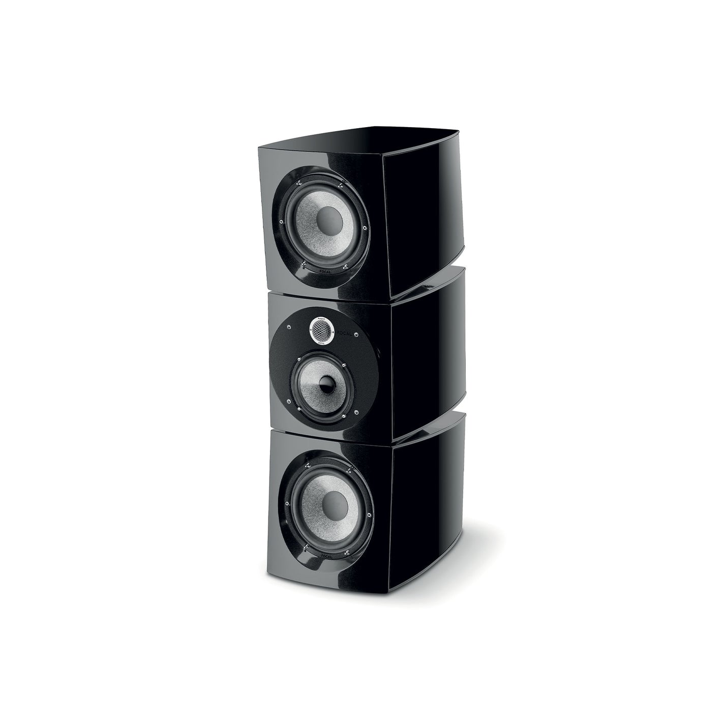 El Viva Utopia Colour Evo de Focal es un altavoz de torre negro de tres vías con woofers visibles y un tweeter central, apilados verticalmente sobre un fondo blanco.