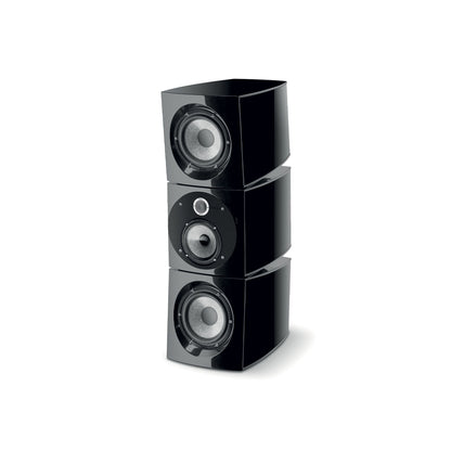 Il Focal Viva Utopia Colour Evo è un diffusore a torre a 3 vie di colore nero con woofer a vista e un tweeter centrale che si erge verticalmente su uno sfondo bianco.