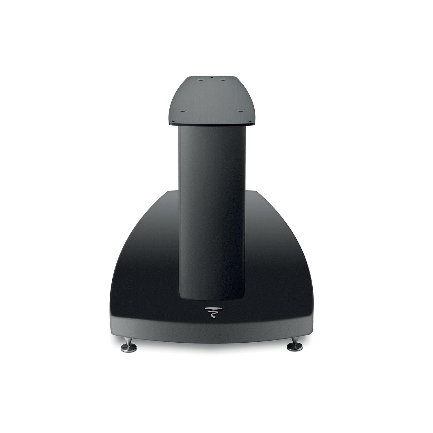 Il Focal Viva Utopia Evo Stativ è un supporto per diffusori di colore nero con unampia base curva e una colonna verticale, mostrato frontalmente su sfondo bianco.
