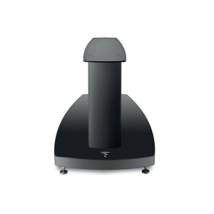 El Focal Viva Utopia Evo Stativ es un soporte de altavoz negro con una amplia base curvada y una columna vertical, mostrado de frente sobre un fondo blanco.