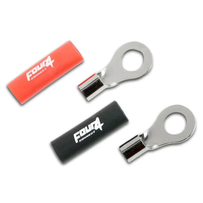 Il set di anelli M8 Four Connect 10-100 mm² comprende due terminali ad anello in metallo e due tubi termoretraibili rosso, nero, disposti su sfondo bianco.