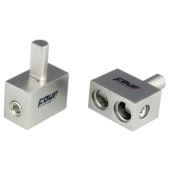 Deux connecteurs métalliques rectangulaires Four Connect 4-600114 Terminaladapter : lun avec un boulon de 6 mm², lautre avec deux points dentrée de fil de 10 mm².