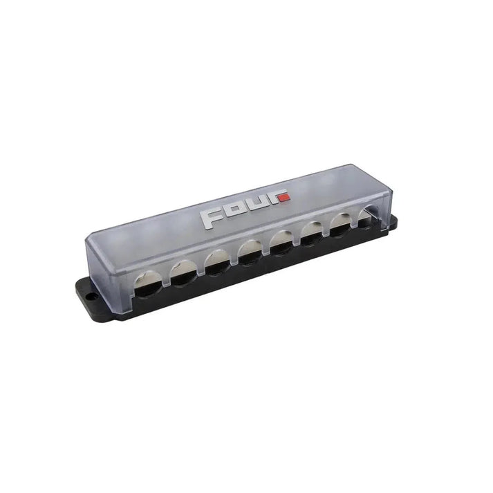 A compact rectangular 4-600338 8-fach Block from Four Connect with a transparent cover, white FOUR label, and metal connectors along the front.