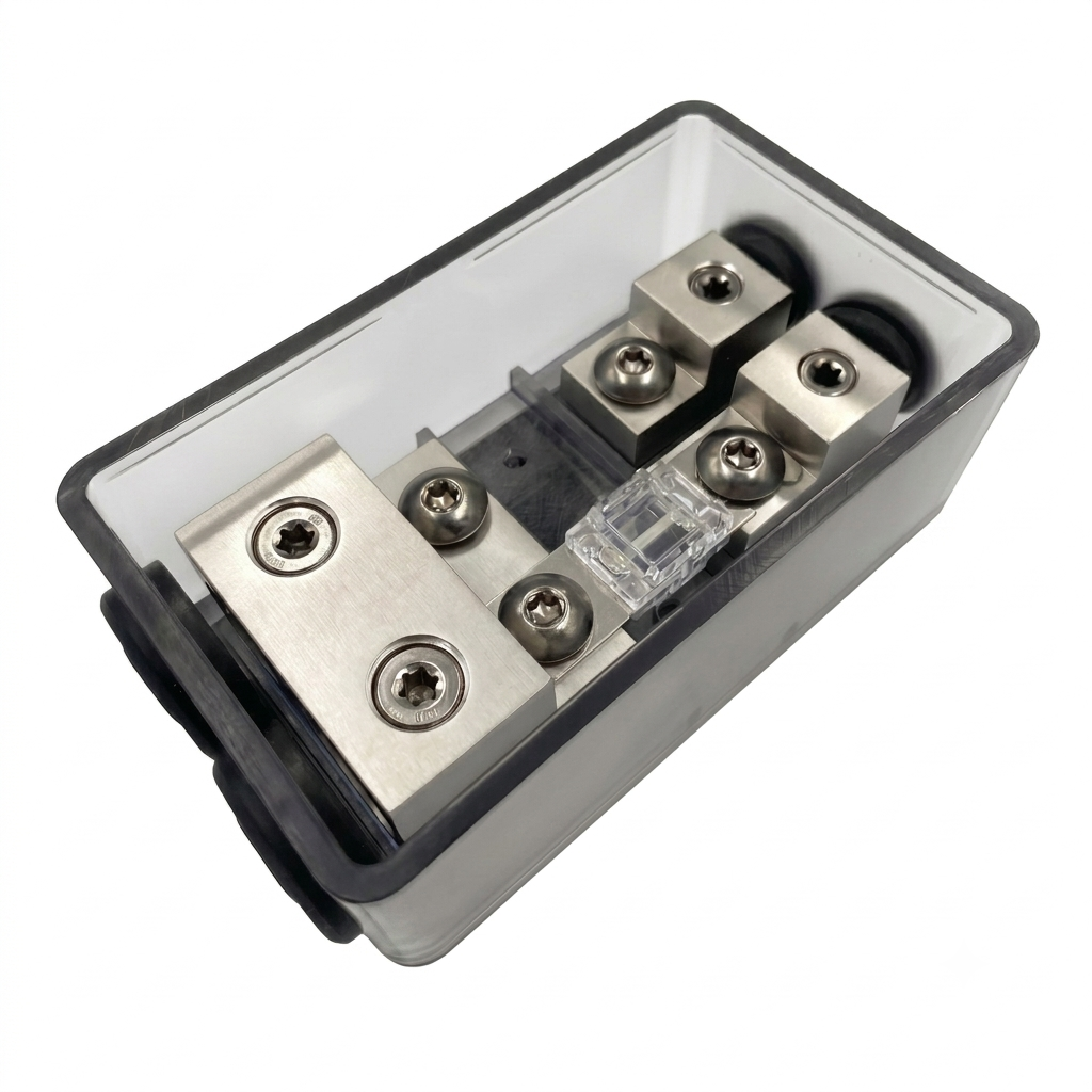 The Four Connect 4-600422 Mini-ANL holder is a rectangular, transparent, splash-proof enclosure with 4 metal terminals and screws for 2x50mm²/2x25mm² cables.