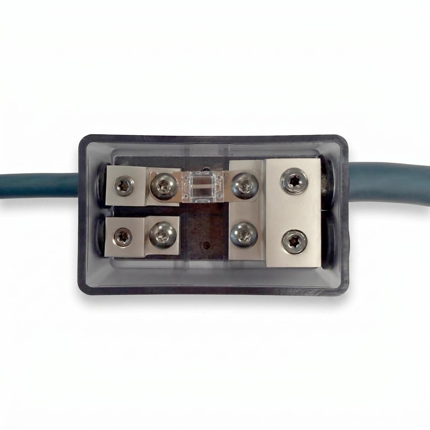 Close-up of a Four Connect 4-600422 2x50mm²/2x25mm² Mini-ANL fuse holder with transparent cover, showing terminals, fuse inside, and blue cable on white background.