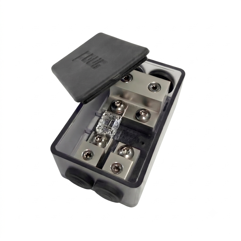 The Four Connect 4-600422 2x50mm²/2x25mm² is a black and gray spritzwassergeschützt Mini-ANL fuse holder with a partially open lid showing connectors and a clear fuse.