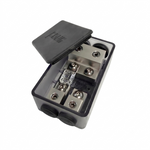 The Four Connect 4-600422 2x50mm²/2x25mm² is a black and gray spritzwassergeschützt Mini-ANL fuse holder with a partially open lid showing connectors and a clear fuse.