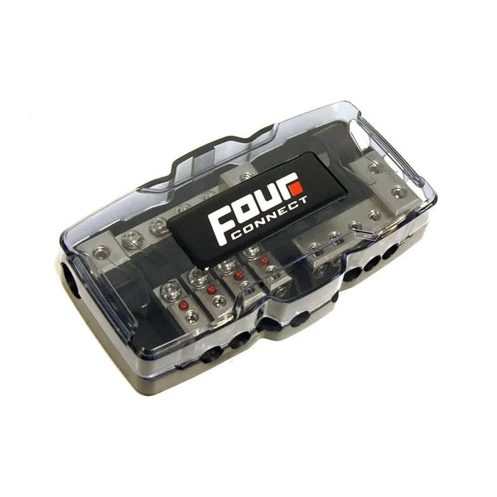 El bloque de fusibles Four Connect 4-FB420 2x50/4x20mm² es un Sicherungshalter negro y transparente, ideal para la alimentación de amplificadores de coche y la distribución de tierra.