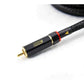 Close-up of the Four Connect Solo 1m 2-Kanal black RCA audio cable with gold-plated tip and Furukawa OCC copper conductors on a white background.