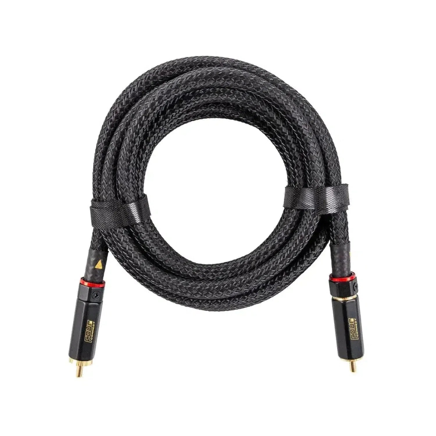 The Four Connect Solo 1m 2-Kanal is a coiled black audio cable with gold-plated RCA connectors, red accents, braided shielding, and Furukawa OCC copper conductors.