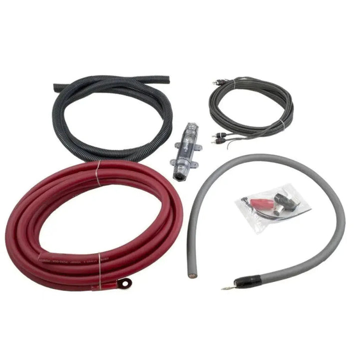 The Four Connect Stage2 OFC Flex 20mm² car amp wiring kit includes red/gray cables, black tubing, a fuse holder, connectors, and accessories on a white background.