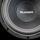 Primer plano del cono del altavoz Aero 10 de Gladen Aerospace, con el logotipo de GLADEN y una superficie texturizada, ideal para los aficionados al audio para coche y a los subwoofers de alta gama.