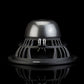 Un primo piano del subwoofer Aero 10 di Gladen Aerospace, con il retro a cupola, dettagli metallici e connettori cilindrici su sfondo nero.