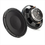 Due subwoofer neri Gladen GS12-Slim da 12: una vista frontale con griglia e una vista posteriore che mostra i terminali di collegamento e il logo GS12-Slim.
