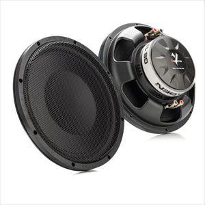 Due subwoofer neri Gladen GS12-Slim da 12: una vista frontale con griglia e una vista posteriore che mostra i terminali di collegamento e il logo GS12-Slim.