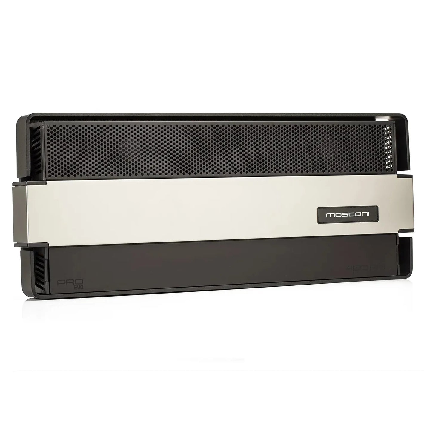 A black and silver Gladen Mosconi Pro 4|30 AAB EVO 4-channel amp with perforated grille and Mosconi logo, shown on a white background.