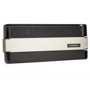Un amplificador Gladen Mosconi Pro 4|30 AAB EVO de 4 canales, en negro y plateado, con rejilla perforada y el logotipo de Mosconi, representado sobre un fondo blanco.