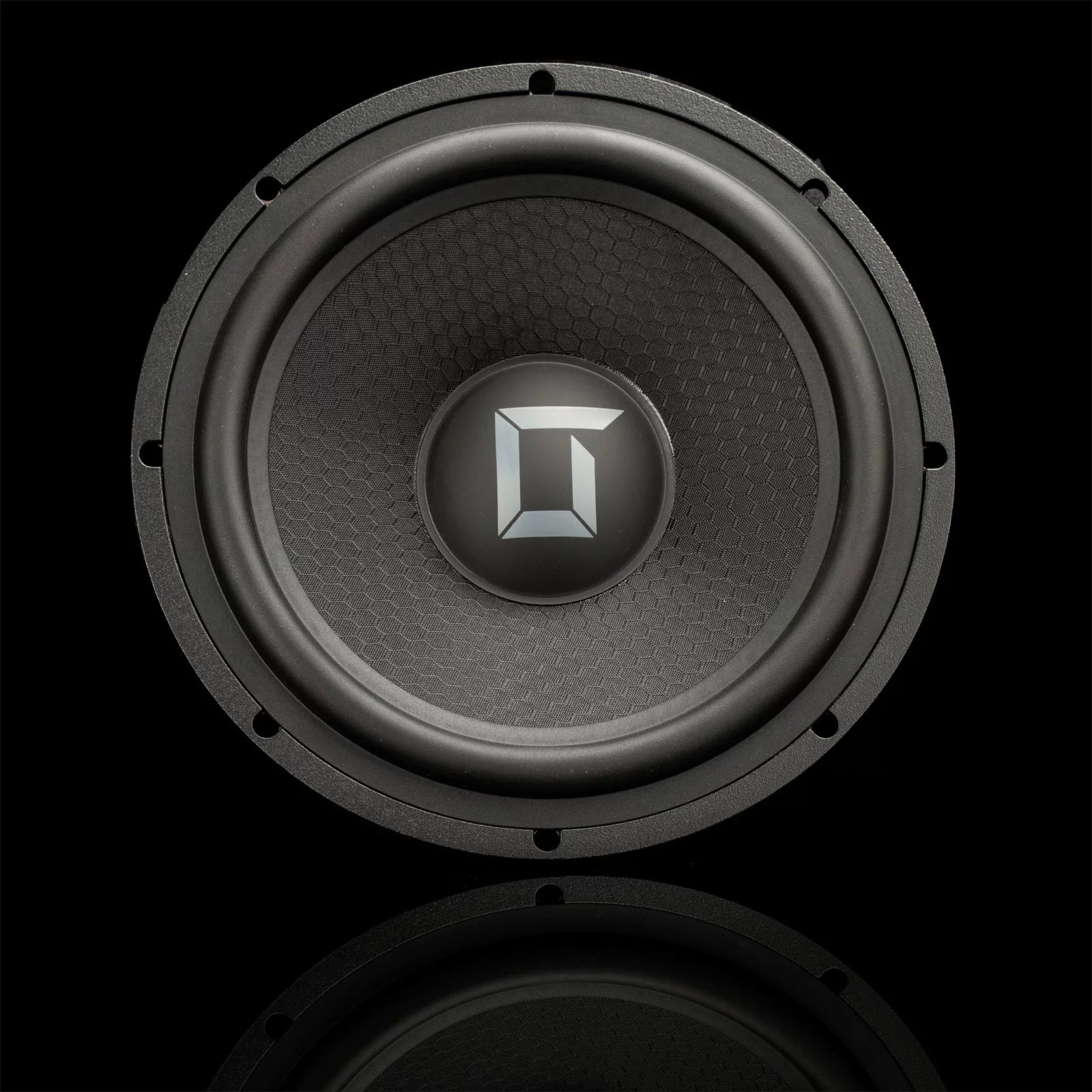 A black, round Gladen Sigma 165 speaker with a textured cone and geometric logo is set against a black background with a faint reflection below.