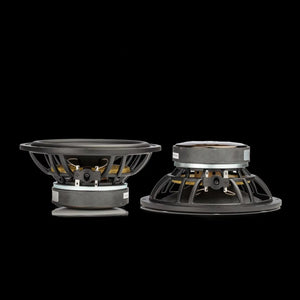 Two large Gladen SIGMA 165.2 AC car audio subwoofers, one upright and one sideways, both with exposed black and silver frames against a solid black background.