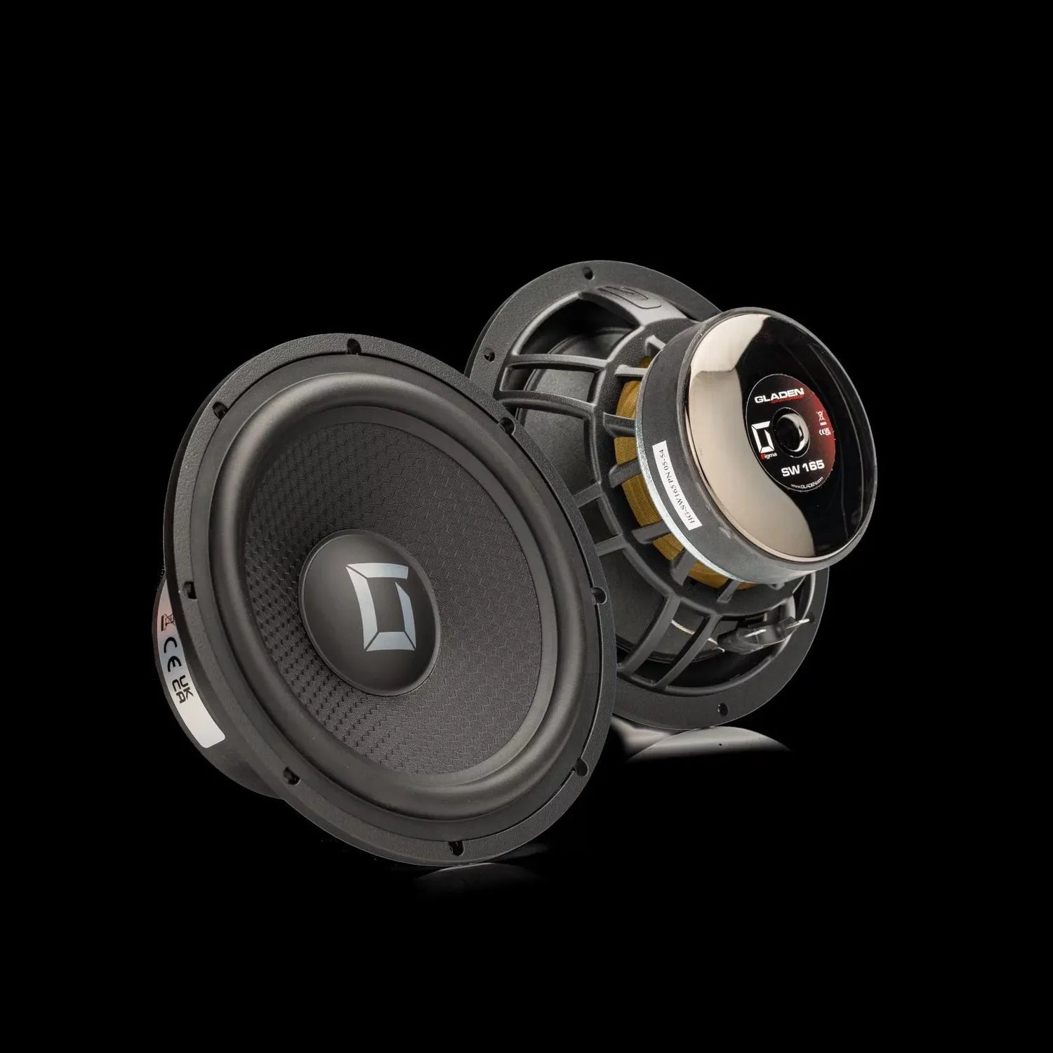Two Gladen SIGMA 165.2 AC subwoofers are shown—one displays its front cone, the other its rear with red and black label—set against a sleek black background.