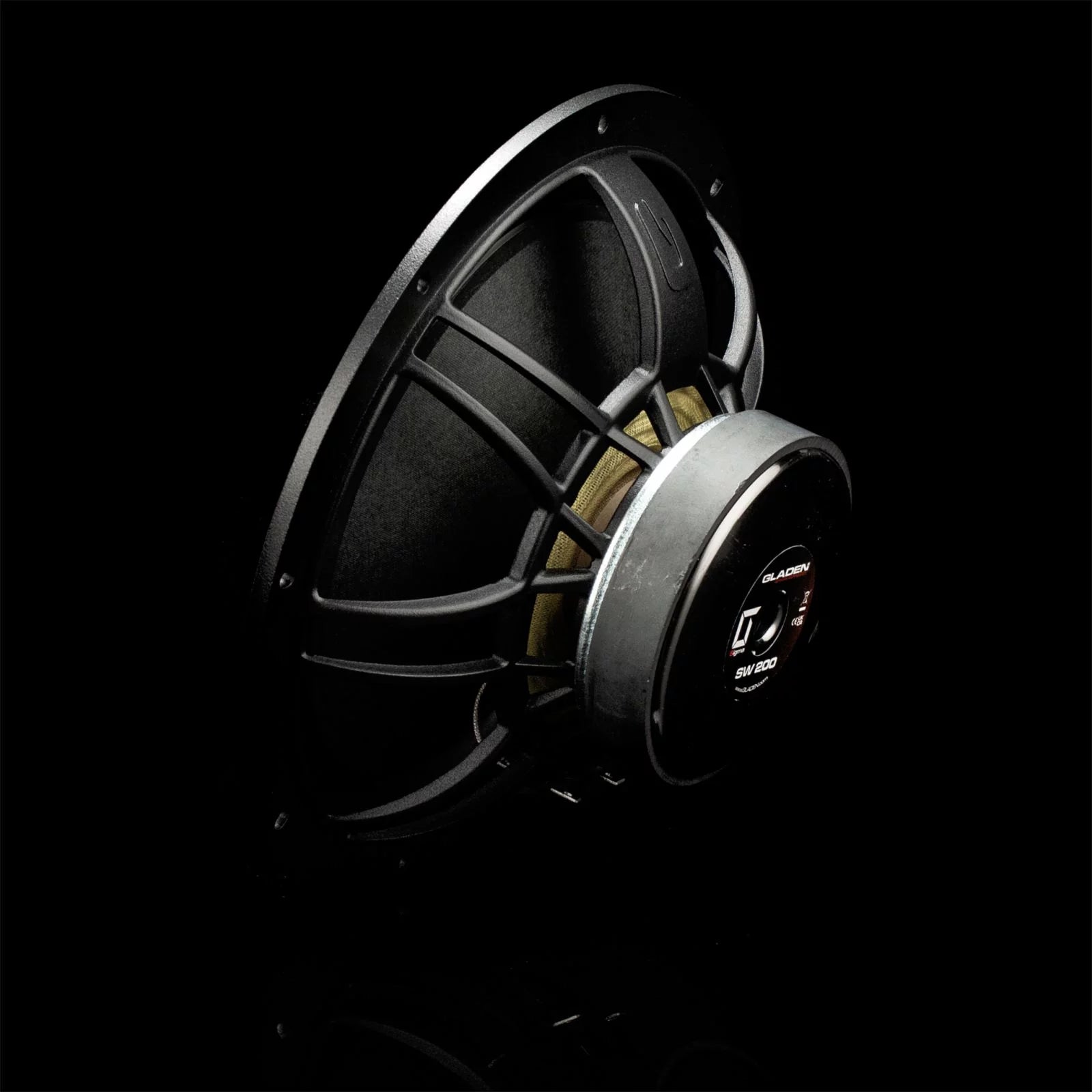 The Gladen Sigma 200 subwoofer, shown with a metallic frame and visible wiring on a black background—ideal for car audio fans.