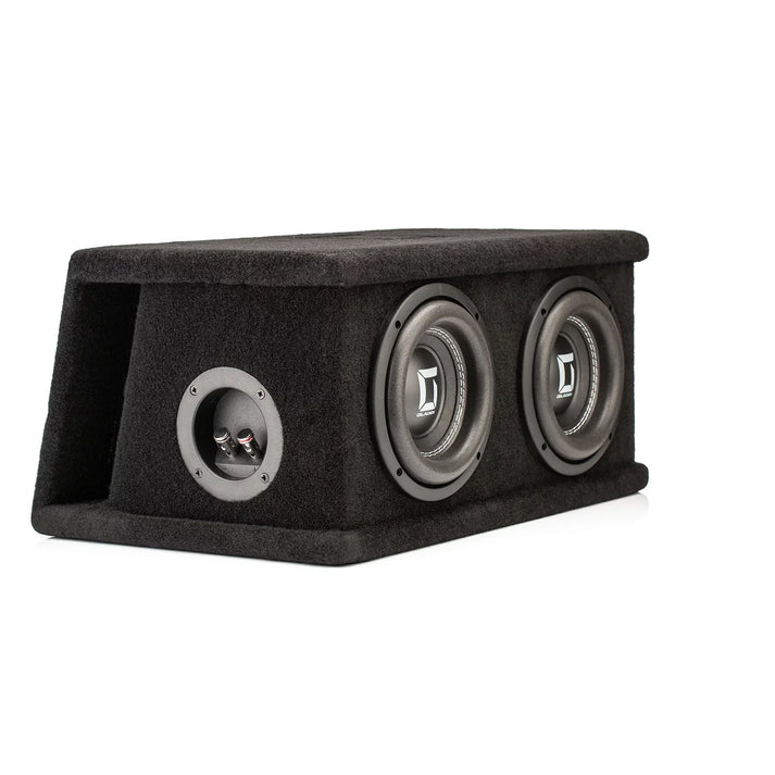 Gladen Sigma SSW065 Dual: Caja rectangular negra con dos subwoofers grandes de 6,5 y un pequeño puerto frontal, todos orientados hacia delante, representada sobre un fondo blanco.