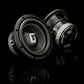 Dos subwoofers Gladen Sigma SSW08 negros, uno en posición vertical y otro inclinado sobre una superficie brillante: ideales para sistemas de audio para coche de alto rendimiento.
