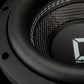Primer plano del cono del subwoofer Gladen Sigma SSW08: acabado negro texturizado, costuras en el borde y detalle del logotipo, ideal para mejorar el sistema de audio de tu coche.