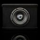 A black Gladen Sigma SSW08-VB subwoofer with an 800W Poly-Cotton-Membran in a box, front view on black background with its reflection below.