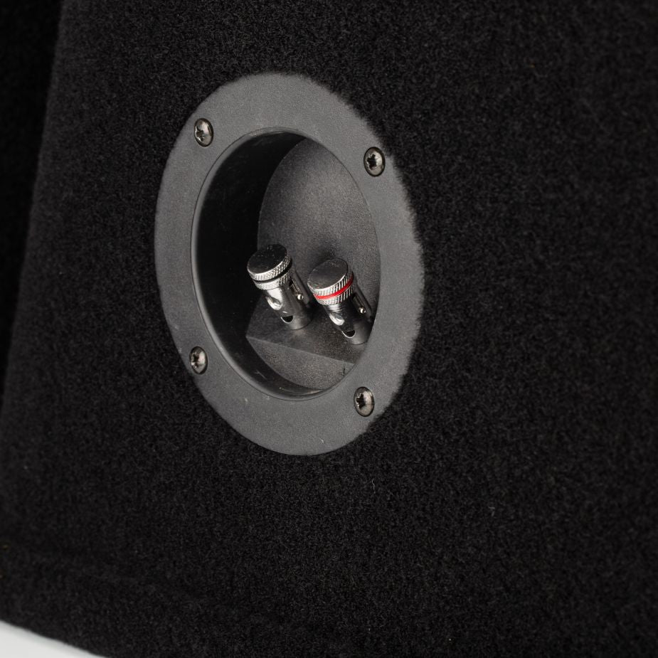 Close-up of Gladen Sigma SSW08-VBs black terminal with two spring connectors, 2x2 Ohm impedance, on a textured black surface.