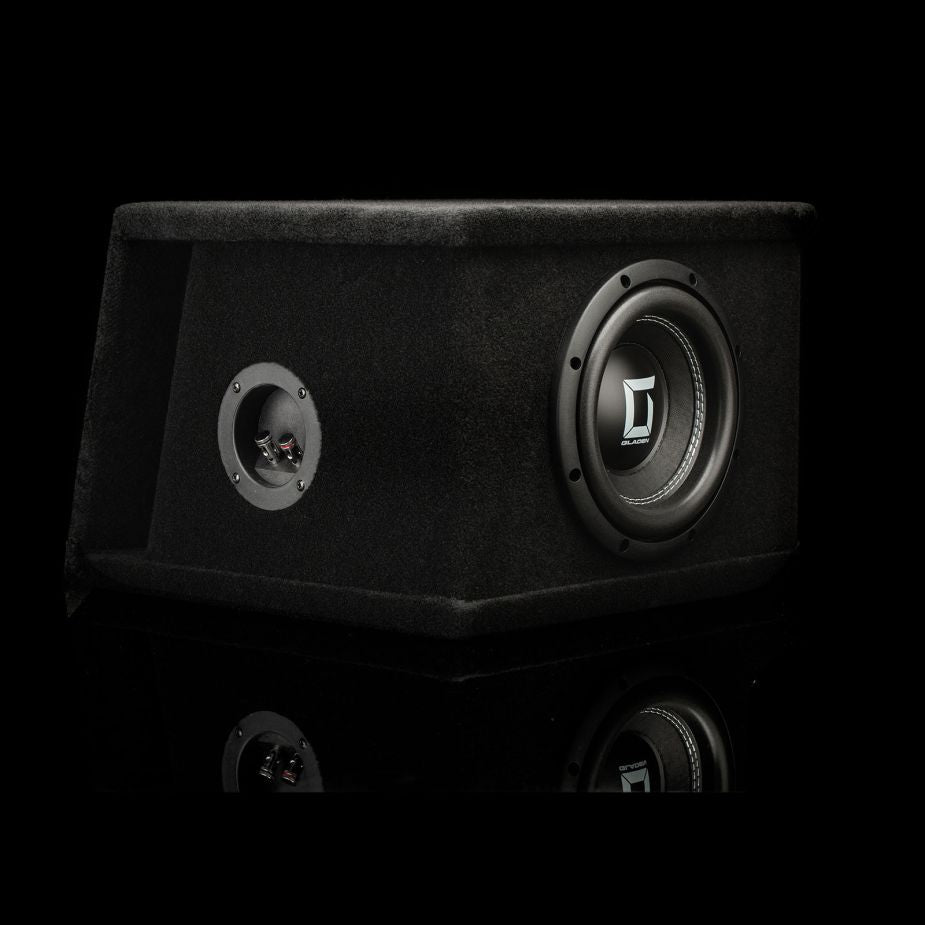 Gladen Sigma SSW08-VB subwoofer, rectangular black enclosure, 800W round speaker right, input terminals left, black background.