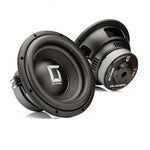 Se muestran dos subwoofers Gladen Sigma SSW10 sobre un fondo blanco: uno mirando hacia delante y el otro mostrando su parte trasera y lateral.