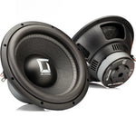 Dos subwoofers Gladen Sigma SSW12 —vistas frontal y trasera— que destacan por sus detalles metálicos y el logotipo de la marca, ideales para conseguir unos graves profundos en el sistema de audio del coche.