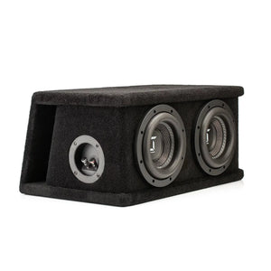 The Gladen Sigma SSWX065 Dual is a black subwoofer enclosure with two 6.5 subs and a small input port, carpeted in black and shown on a white background.