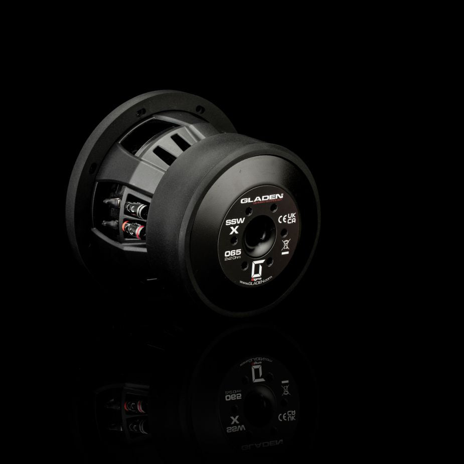Il subwoofer Gladen Sigma SSWX065 è presentato su uno sfondo nero; le immagini mostrano la vista posteriore e laterale con riflessi, per sottolineare la potenza dei bassi.
