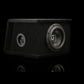 Un subwoofer Gladen Sigma SSWX08VB de 8 de color negro con altavoz redondo y puerto frontal, sobre un fondo negro con un sutil reflejo.