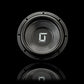 Un subwoofer Gladen Sigma SSWX10 negro presenta un logotipo «G» plateado, que aparece sobre un fondo negro con su reflejo. Ideal para sistemas de audio para coche de alta gama.