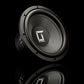 Un subwoofer Gladen Sigma SSWx12 con una membrana negra texturizada, fotografiado en ángulo sobre una superficie negra brillante.