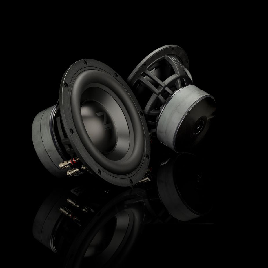 Due subwoofer Gladen Zeta 08, apprezzati per la precisione dei bassi, sono posizionati su una superficie nera lucida con uno sfondo nero di grande effetto.