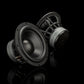 Dos subwoofers Gladen Zeta 10 ofrecen unos graves potentes y se alzan sobre una superficie negra brillante, frente a un fondo oscuro y minimalista.