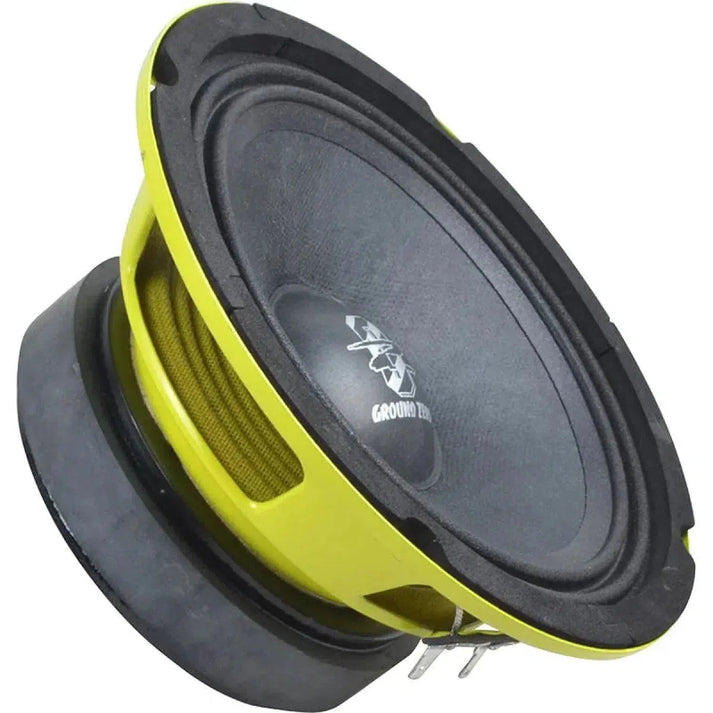 The Ground Zero Competition GZCK 165 XSPL is a black and yellow 6.5 SPL car subwoofer with visible cone, surround, magnet, and terminals.