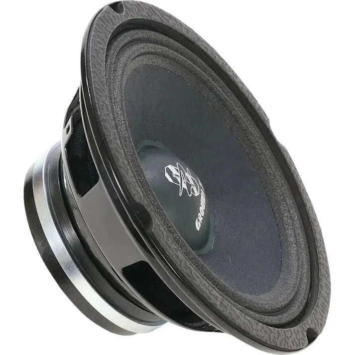 A close-up of the Ground Zero Competition GZCM 6.5NEO-DC speaker shows its round shape, Neodym Antrieb, textured edge, and visible brand logo.