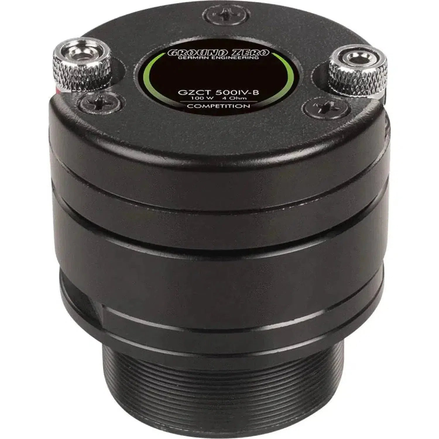 Un super tweeter cilindrico nero Ground Zero Competition GZCT 500IV-B con accenti metallici e marchio Competition sulla parte superiore.