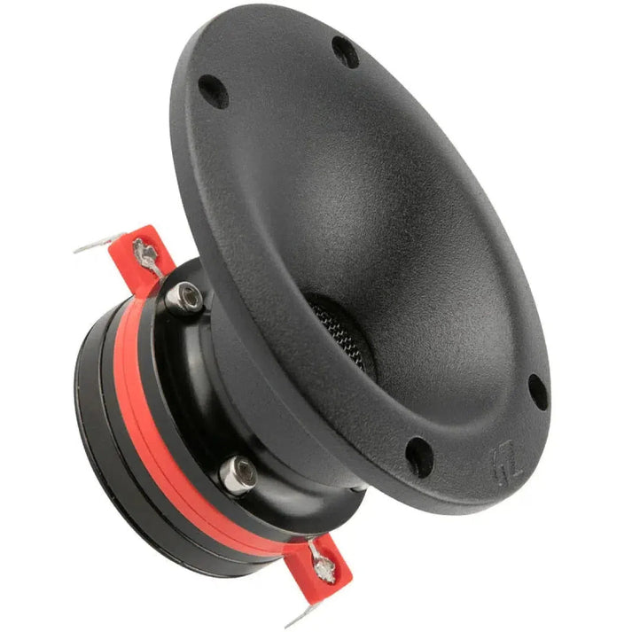 Il Ground Zero Competition Pro GZCT 19N-PROX B è un altoparlante nero e rosso con bordo svasato e linguette di connessione, perfetto come Kompressions-Hochtöner.